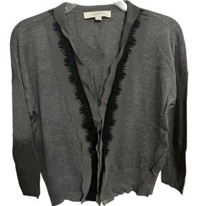 LOFT Charcoal Gray Women's Cardigan with Chiffon and Lace Ruffle- NWOT S